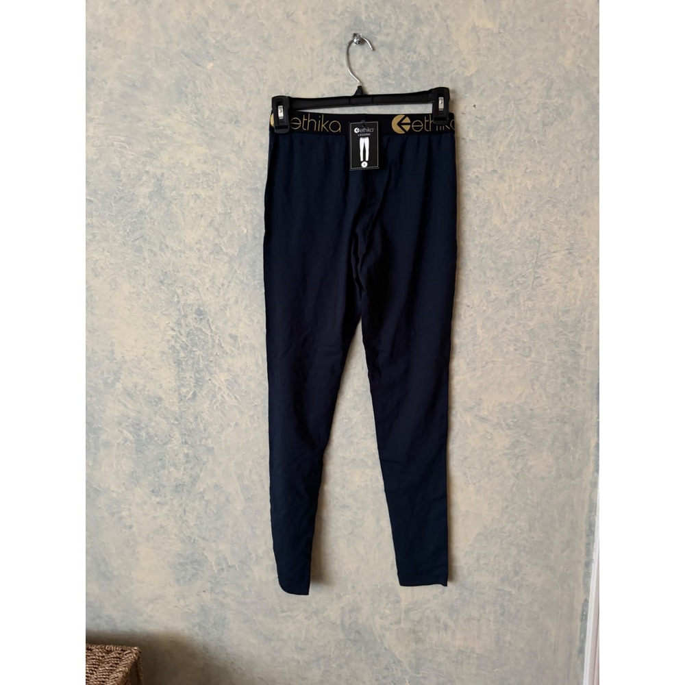 NWT Ethika Women's Navy Blue Gold Logo Waistband Leggings Size Small